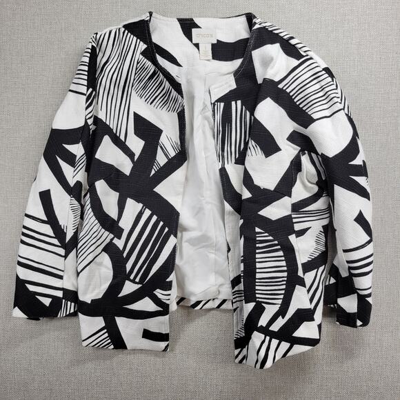 Chico's Womens Jacket Size 1 Black White Bi-Color Geometric Open Front Career - Picture 1 of 14
